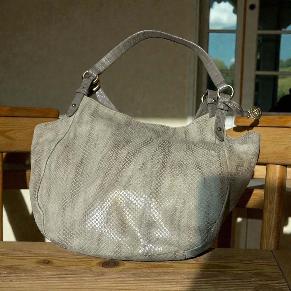 Brahmin Light Gray/Taupe Snake-Embossed Hobo